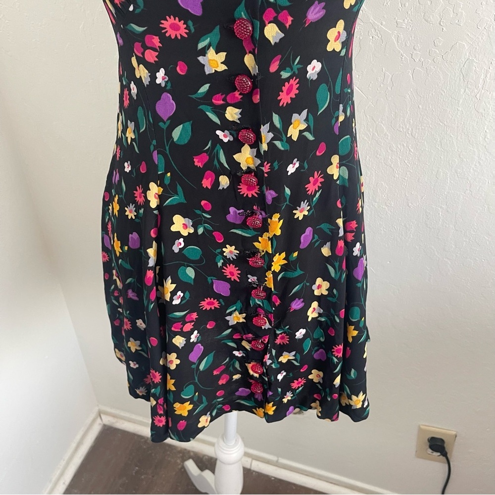 Vintage 1990s Betsey Johnson Black Floral Mini Dress Button Front Womens Size XS - Picture 7 of 10